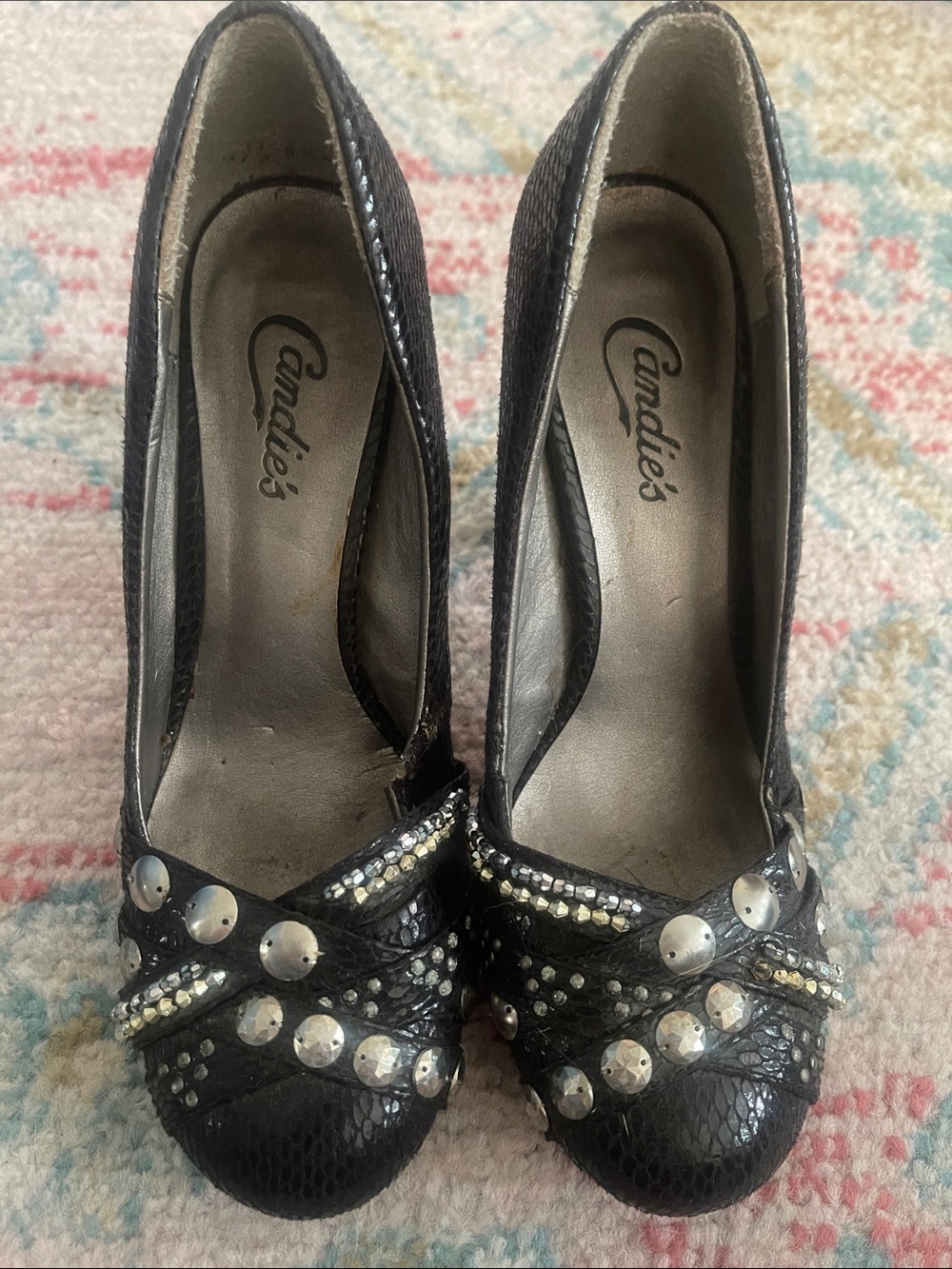 Candie's Black Rhinestone and Disc Embellished High Heels